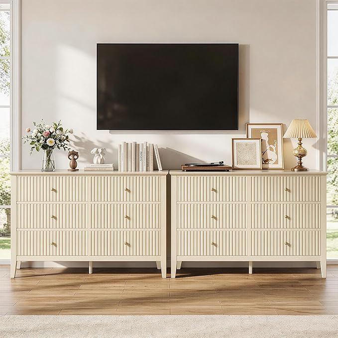 RoyalCraft Beige 6 Drawer Dresser, Fluted Modern Wood Chest of Drawers, Long Dresser for Bedroom TV Stand Storage Cabinet for Living Room