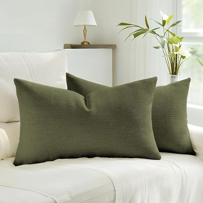 HAUSSY Moss Green Throw Pillow Covers 12x20 Inch Set of 2,Boho Decorative Faux Linen Lumber Throw Pillows Cozy Farmhouse Accent Cushion Covers,Home Decor for Couch Sofa Bed Living Room