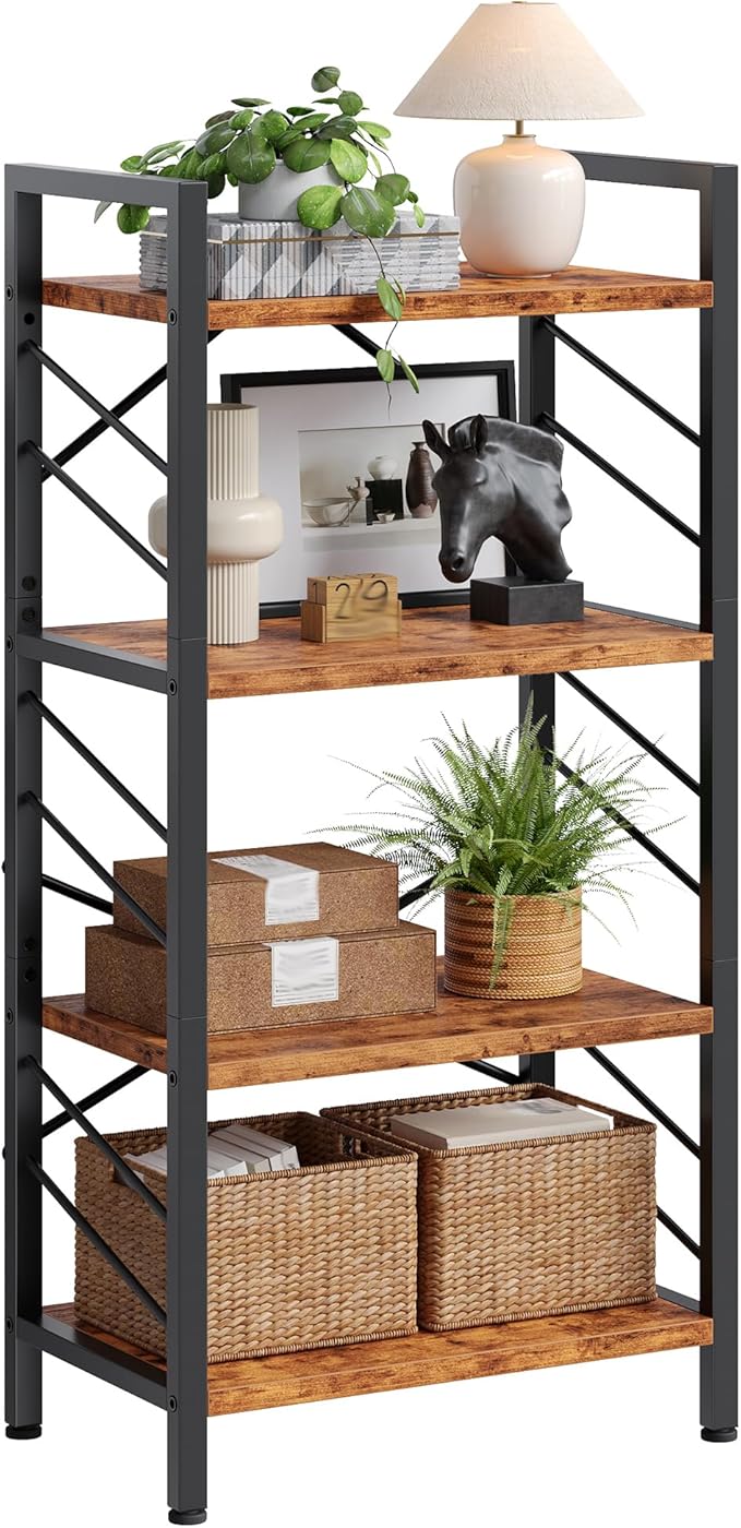 DurayLoly 4 Tier Bookshelf, Industrial Bookcase with Metal Frame and Sidebars, Small Bookshelf for Bedroom, Home Office and Living Room, Rustic Brown