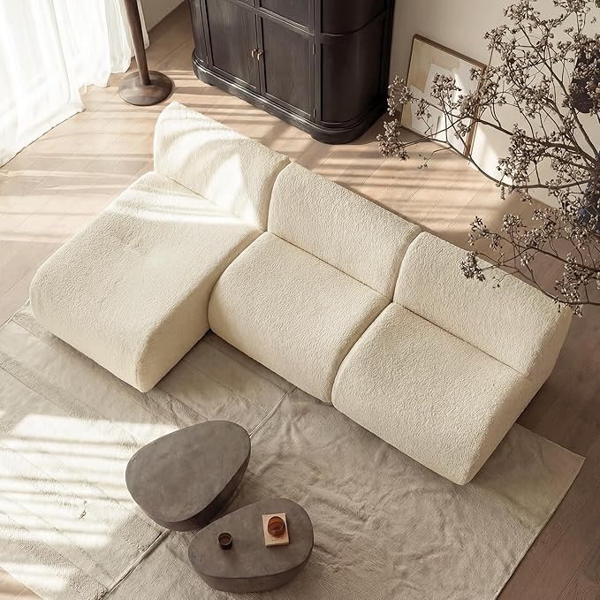 Curved Sectional Couch with Chaise Lounge, 3-Seat Reversible L Shaped Sofa, Deep Seat Sherpa Boneless Modular Couches for Living Room, 101" Modern Curved Sofas – No Assembly, White