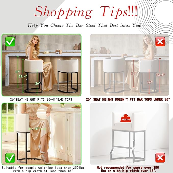 Modern Counter Height Bar Stools,Bar Stools Set of 1,Fabric Upholstered Barrel Barstools with Backs,26'' Kitchen Island Chairs,Metal Black Frames,Snowy White Linen