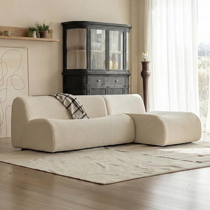 Boneless 3 Seater Sofa with Chaise, 92" Modular Sectional Couch, Reversible L-Shaped Couches with Deep Seat, White Curved Sherpa Sofas for Small Living Room, Bedroom, Apartment– No Assembly