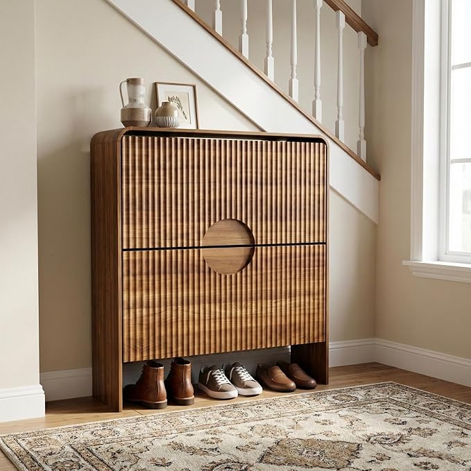 Slim Shoe Storage Cabinet for Entryway, Narrow Shoe Cabinet with 2 Tier Flip Drawers Doors, Fluted Hidden Shoe Rack Organizer for Entrance, Entry Way, Foyer, Hallway, Walnut, Wooden