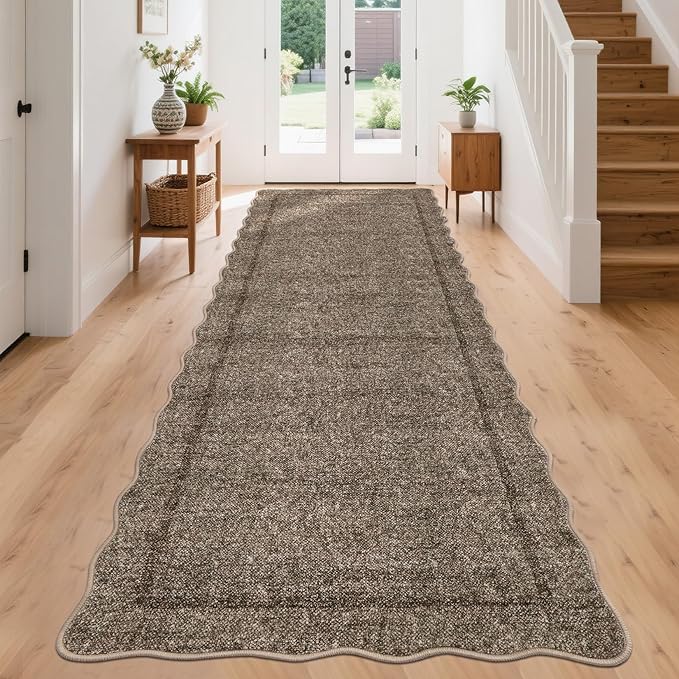 GarveeHome Scalloped Washable Runner Rug 2x10 Runner Modern Kitchen Runner Non Slip Farmhouse Entryway Rug Soft Bathroom Rugs Stain Resistant Carpet for Laundry Bedroom 2'x10' Taupe