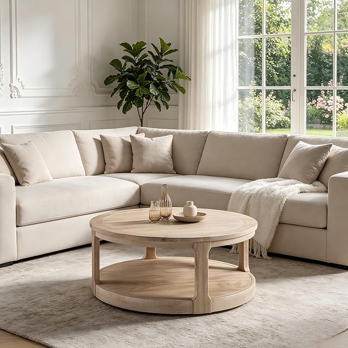 KEVINSPACE Round Coffee Table 40" Circle Coffee Table for Living Room 2-Tier Solid Wood Desktop Center Table Modern Design Accent Center Table Home Furniture for Bedroom, Home Office Oak