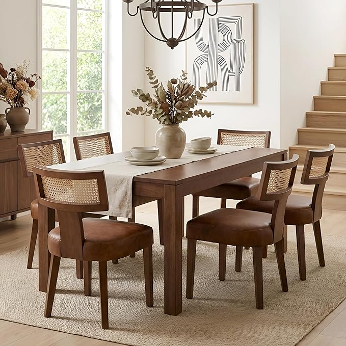 HNY Mid Century Modern Rattan Dining Chairs Set of 6, Farmhouse PU Leather Upholstered Accent Chair Curved Backrest Kitchen Chairs, with Hardwood Frame, Brown