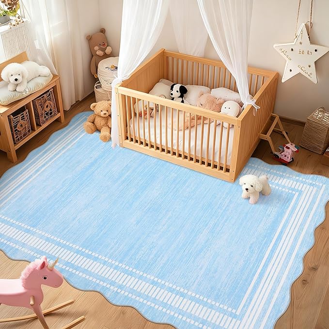 Garvee Washable Rugs 10x13 Area Rugs for Living Room Bedroom, Low Pile Ultra Soft Solid Neutral Carpet, Non Slip & Non Shedding Modern Scalloped Print Floor Mats for Home Decor, Light Blue