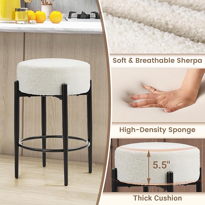 Murago Counter Height Bar Stools, Set of 4, 24" Modern Backless Bar Stools, Ideal for Kitchen Counter, Kitchen Island, Boucle Sherpa Padded Cover, with Round Soft Seat and Foot Rest, White