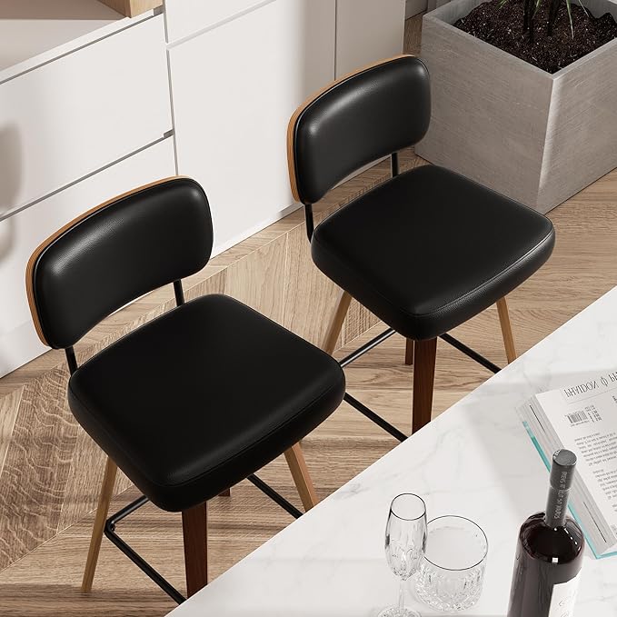 Swivel Bar Stools Set of 4, 26" Upholstered Faux Leather Counter Height Barstools with Walnut Back & Bentwood Legs, Mid Century Modern Bar Chairs Island Stools for Kitchen Counter, Black