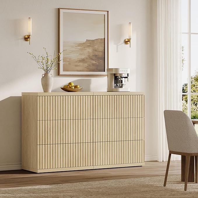 SICOTAS Modern Sideboard Buffet Cabinet, Fluted Credenza Storage Cabinet with 3 Larger Drawers, Mid Century Media Console Coffee Bar Table for Dining Room Hallway Kitchen, Coastal Oak
