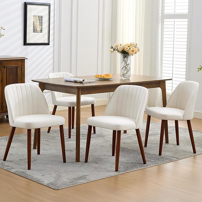 GarveeHome Wooden Dining Chairs Set of 4, Upholstered Kitchen Dining Room Chairs with Padded Seat and Wood Legs, Modern Fabric Side Dinner Chair for Kitchen, Dining Room, Restaurant, Cafe, Beige