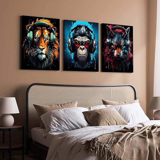 3 Piece Framed Canvas Wall Art, Modern Animal DJ Wall Decor with Lion, Monkey and Wolf, Colorful Pop Art Artwork for Living Room Bedroom Office Gaming Room, 12x16 Inch