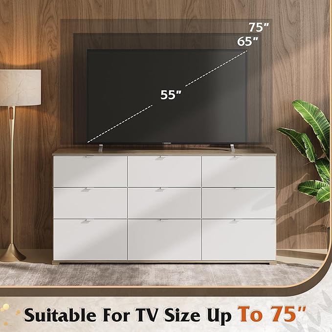 WLIVE 9 Drawer Dresser for Bedroom, 63" Wide Large Wood Chest of Drawers Organize with Sturdy Metal Handle, Modern Dresser for TV Stand, Living Room Office, Hallway, Ball Bearing Slide, Grey Oak