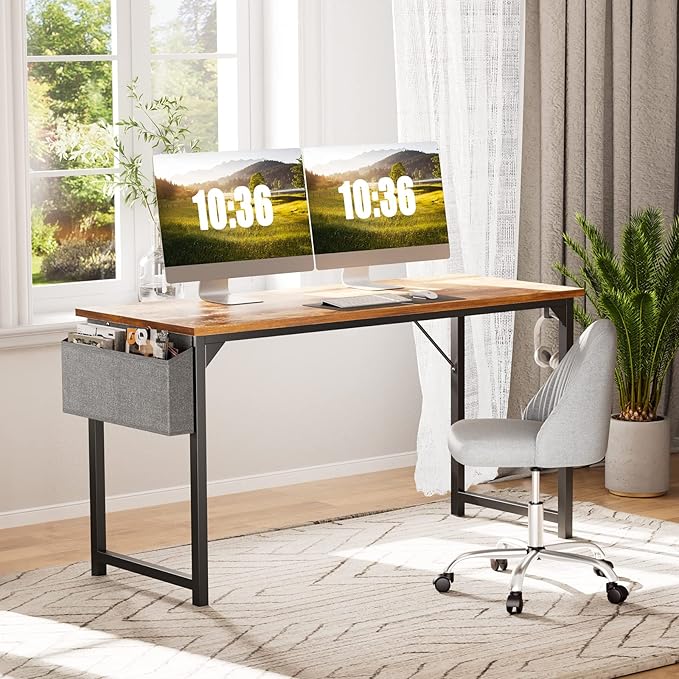 Sweetcrispy Computer Office Desk 55 Inch Student Study Writing Work with Metal Frame Wood Tabletop Modern Simple PC Home Bedroom Table, Rustic Brown