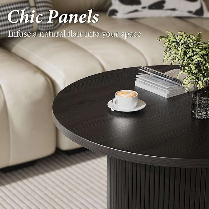 MAISONARIA Black Round Coffee Table with Metal Frame, 35" Coffee Tables for Living Room, Circle Wood Accent Center Table for Apartment