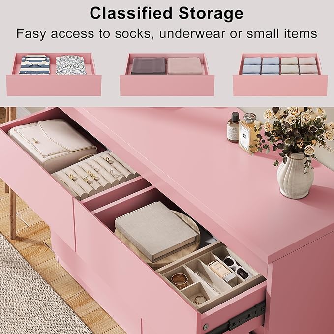 Jocoevol Modern Pink 6 Drawer Dresser - Simply Chest of Drawers for Bedroom, Closet, Living Room, Hallway, Entryway, Wood Storage Double Dresser with Smooth Metal Rails - Pink