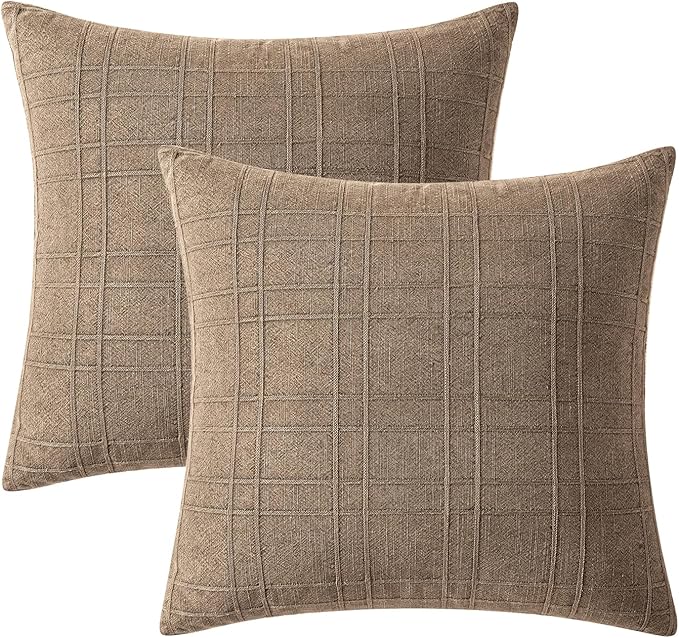 MIULEE Decorative Linen Check Throw Pillow Covers Neutral Farmhouse Vintage Pillow Covers 20x20 Set of 2 Boho Modern Winter Home Decor for Sofa Couch Bedroom Cushion Light Brown
