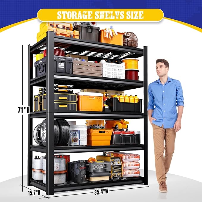 4 Pack Garage Shelving Heavy Duty 5-Tier Storage Shelves, Adjustable Metal Shelving Unit, Utility Garage Organizer Shelf for Basement, Pantry, Kitchen, Warehouse,15.7" Dx35.4 Wx71 H, Black