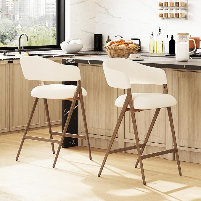 Bar Stools Set of 2, Counter Height BarStools with Back, Modern Upholstered Island Stools with Metal Legs for Kitchen Counter, Dining Room, Beige