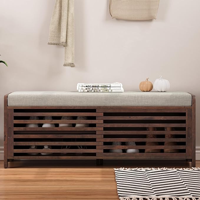 LUMISOL Shoe Bench with Storage and Cushion, Farmhouse Distressed Shutter Storage Bench with Retro Charm for Living Room, Entryway, Espresso