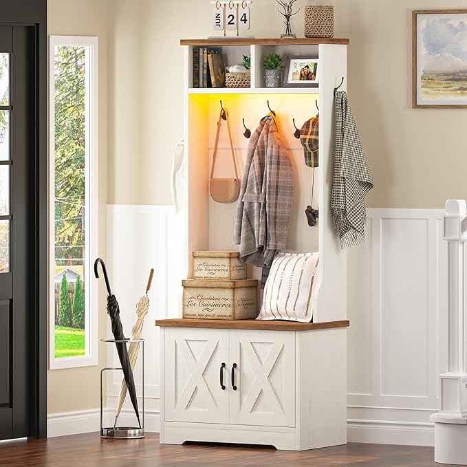 CSZZD Hall Tree with Bench and Shoe Storage, Entryway Bench with Coat Racks and Led Lights, Farmhouse Small Hall Tree with Shoe Cabinet, 7 Coat Hooks, 6 Storage Cubbies, Adjustable Shelf