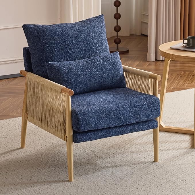 Karl home Cozy Chenille Accent Chair with Lumbar Pillow & Rattan Arms Modern Lounge Chair for Living Room, Bedroom, Reading Nook, Blue