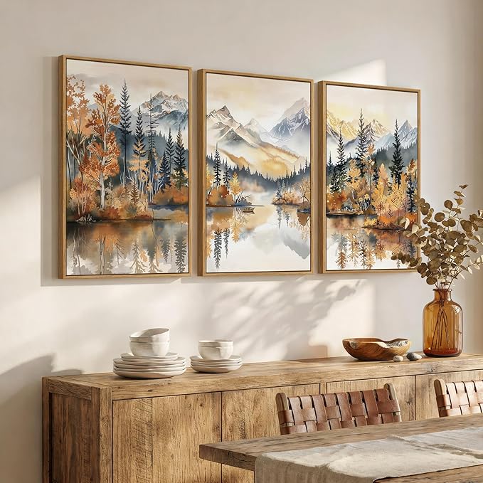 Framed Mountain Forest Landscape 3 Piece Wall Art for Living Room, Orange Neutral Modern Scenic Print Canvas Artwork for Walls, Large Nordic Rustic Nature Autumn Bedroom Office Wall Decor, 24x36 Inch