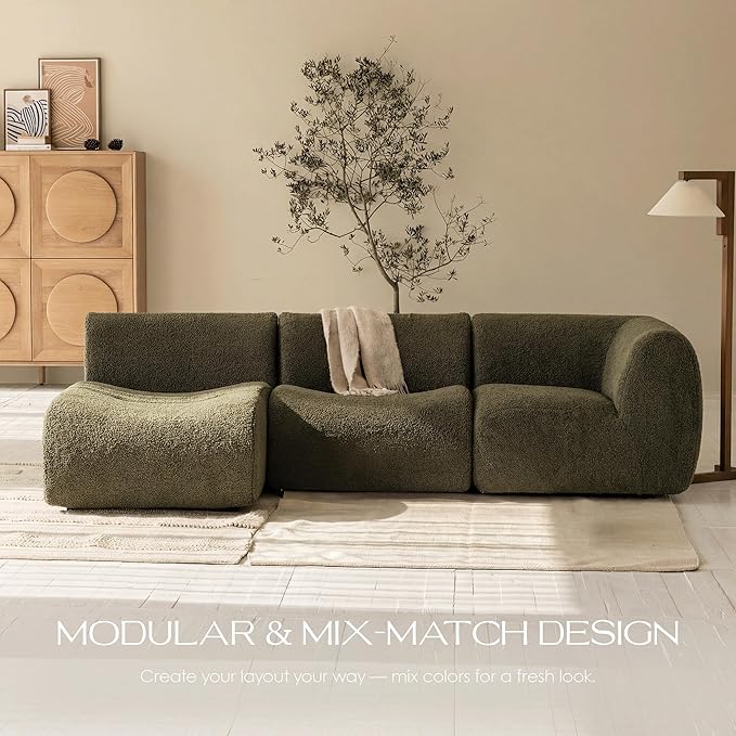 105" Curved Sectional Sofa with Chaise, Boneless 3 Seater Modular Couch, Reversible L-Shaped Couches with High-Density Foam, Modern Lounge Comfort Sherpa Sofas for Living Room – No Assembly, Green