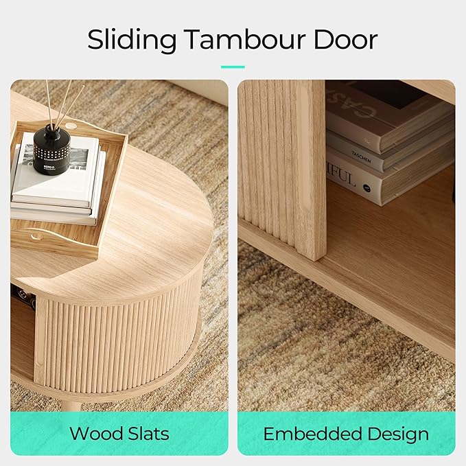 LINSY HOME Oval Coffee Table, Wood Coffee Table with Storage, Fluted Accent Center Table with Sliding Tambour Door, 39" Boho Coffee Tables for Living Room, Bedroom, Apartment, Oak