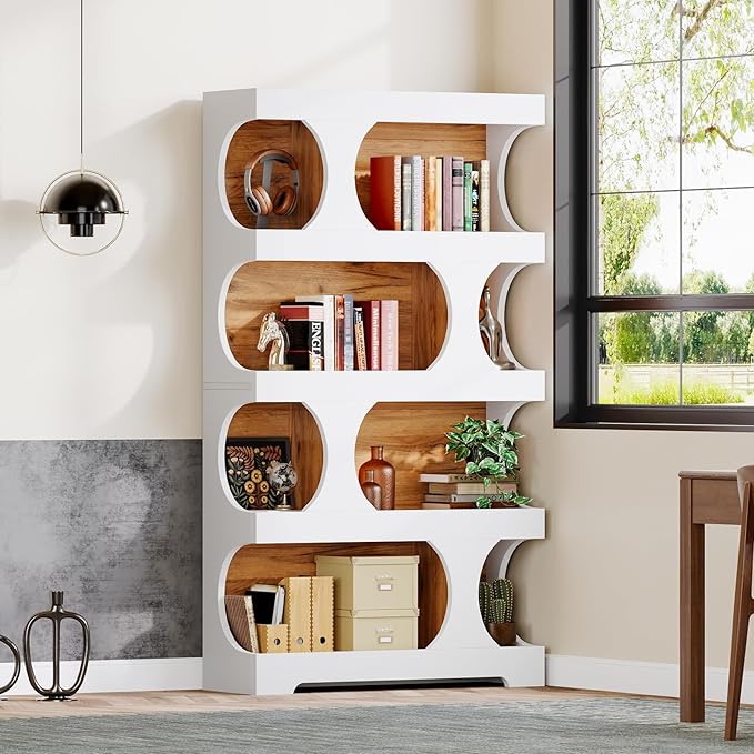 Tribesigns 71" Tall Bookcase, 4-Tier S-Shaped Bookshelf, Wood Decorative Storage Shelving, Modern Freestanding Display Shelves, Large Library Book Shelf Unit for Home Office Living Room, White & Brown