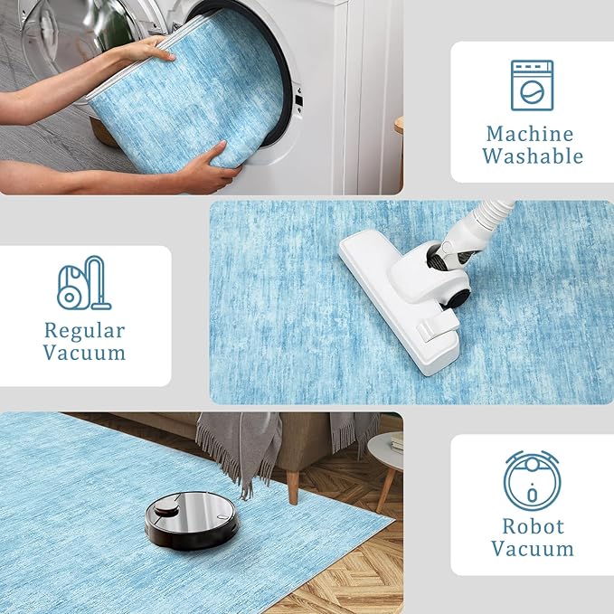 RUGSREAL Washable Rug 10x13 for Living Room Modern Abstract Area Rug Non-Slip Large Contemporary Bedroom Rug Stain Resistant Aesthetic Accent Floor Carpet Foldable Solid Rug for Home Office, Blue