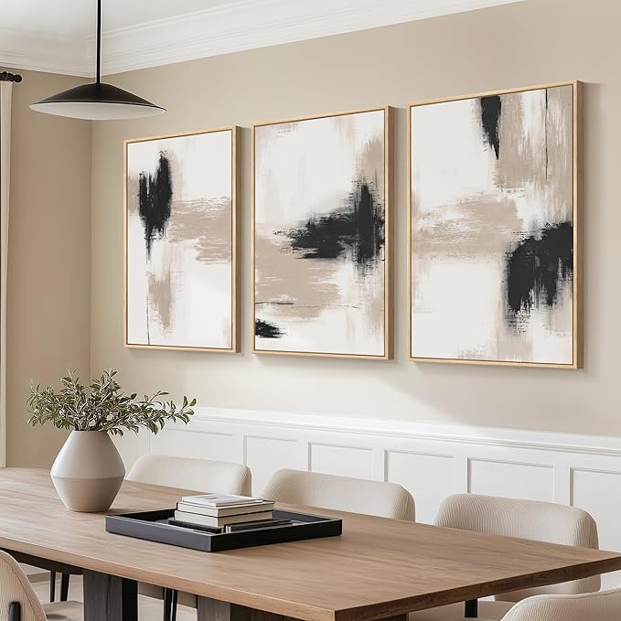 Framed Large Neutral Abstract Wall Art for Living Room, 3 Piece Modern Canvas Artworks, Minimalist Painting Prints for Dining Room Hallway Home Office Wall Decor, 24x36 In