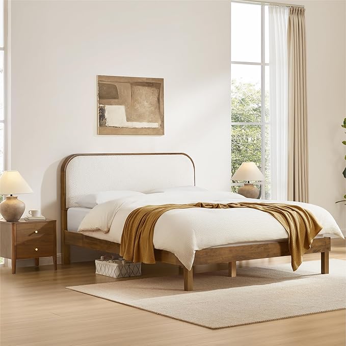 KISLOT Wood Bed Frame with Upholstered Headboard, Mid-Century Boucle Fabric Platform Modern Bed Mattress Foundation Noise-Free No Box Spring Needed Easy Assembly