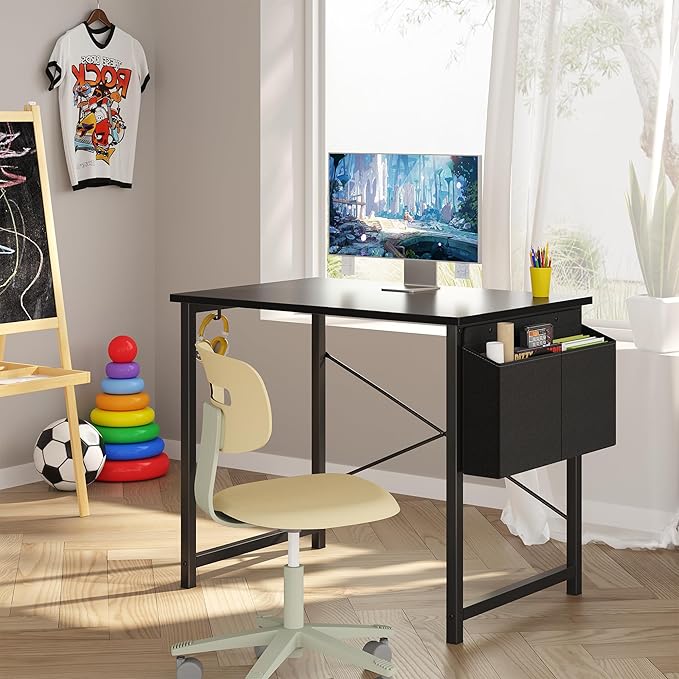 OLIXIS Computer Desk 31 Inch Home Office Desks for Small Spaces, Gaming Writing Study Work Table with Storage Bag and Headphone Hook for Bedroom, Black