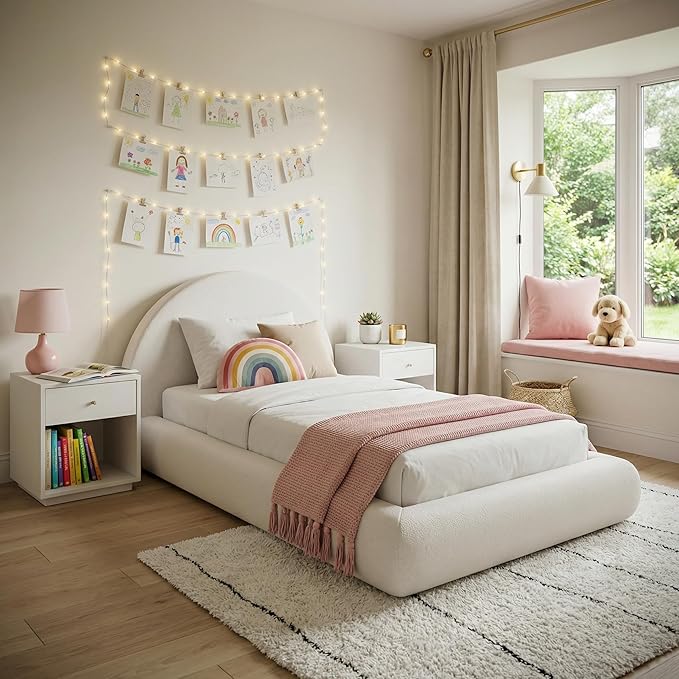 RECCI AirFrame Half-Moon Upholstered Twin Platform Bed Frame, Velvet Curved Arched Base with Headboard, 5 Inch Fully Round Cushioned Foam, No Box Spring Needed, Easy Assembly | Round Shaped, Boucle, Low-profile, Soft