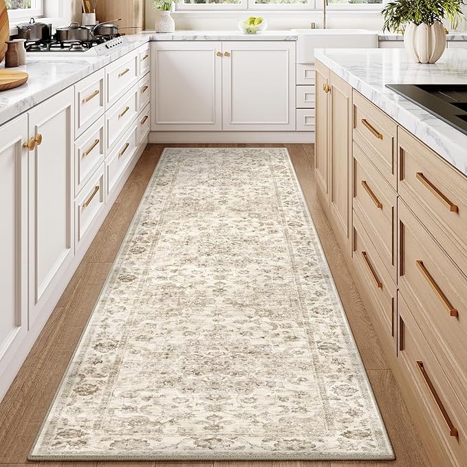 2x10 Washable Neutral Runner Rug Beige Vintage Hallway Kitchen Carpet Non-Slip Soft Low Pile Farmhouse Throw Rug for Bedroom Bathroom Laundry Living Room