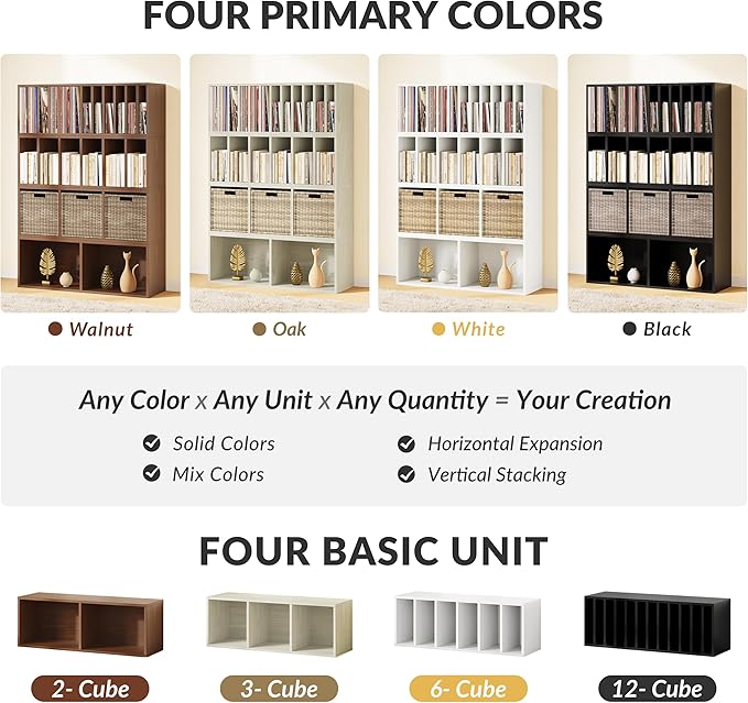 IOTXY DIY Modular Cube Bookcase - CubeXY Customizable Stackable Expandable Basic Shelving Units, 12-Cube Wooden Open Bookshelf with Removable Shelves for 10-inch Vinyl Record Storage Organizer, Black