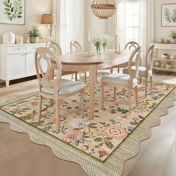 Garvee 10x13 Area Rugs for Living Room Non Slip Botanical Snake Rugs for Bedroom, Boho Scalloped Indoor Stain-Resistant Dining Room Rug for Under Table Carpet for Home Office Playroom Farmhouse,Brown