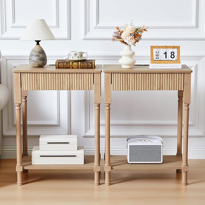 Night Stand Set of 2,Fluted Nightstand with Charging Station, 23.6” Large Bed Side Table End Table with Drawer, Modern Mid Century Wooden Night Stands Bedside for Bedroom Living Room Office,Natural