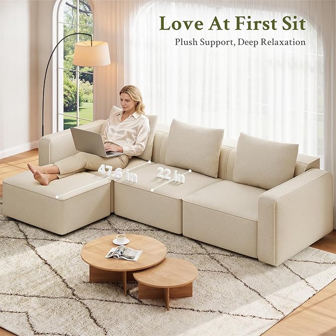 Welzona 132" Sectional Couch, Locked-in Modular Sectional Sofa, Wood Frame Couches for Living Room, 22" Deep Seat U Shaped Couch with Ottoman Chenille Cloud Sofa Tool-Free Setup Sofas for Living Room