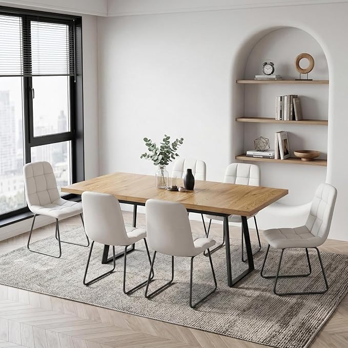 ZckyCine Extendable Dining Table Set for 6, 47" to 63" Expandable Kitchen Table with 6 Upholstered Chairs, Modern Rectangular Wood Dining Room Table Set with Metal Legs for Kitchen Apartment