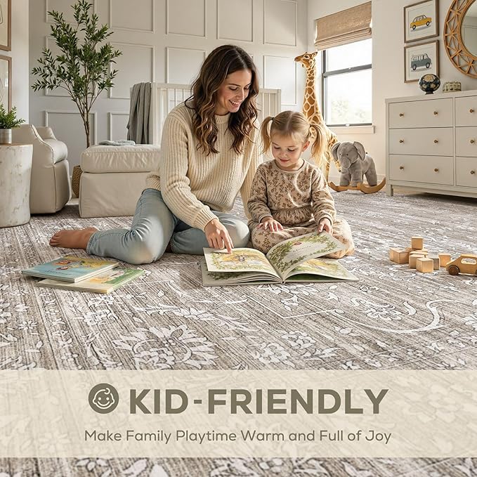 10x12 Area Rug Living Room: Washable Large Vintage Grey Rug Neutral Non-Slip Soft Stain Resistant Indoor Carpet for Bedroom Nursery Dining Room Under Table Bed Home House Office Playroom - Light brown
