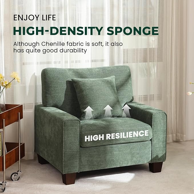 DOPEDIO Modern Living Room Sofa Set, 71.25" Chenille Loveseat with 2 Accent Chairs, Removable Covers, Spring Cushions, Solid Wood Frame, Easy Assembly（71.25inch+2 Single,Green）