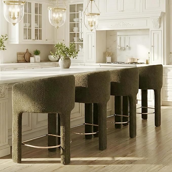 Modern Counter Height Bar Stools Set of 4, 26”H Barrel Counter Stools for Kitchen Counter, Upholstered Barstools with Back and Armrest, Sherpa Bar Stools for Kitchen Island,Home Bar Furniture, Green