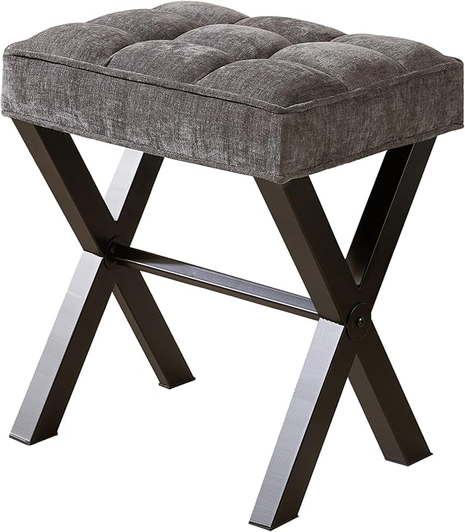 Royal Windsor Vanity Stool,Square Ottoman Stool Foot Rest,Upholstered Vanity Chair Foot Stool with Metal X Legs, Small Vanity seat for Entryway,Bedroom and Living Room,Linen Dark Grey