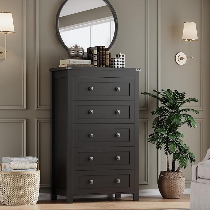 BORNOON Tall 5-Drawer Dresser, Modern Wooden Storage Chest of Drawers, Dresser TV Stand, Wood Drawer Organizer with Metal Handles for Bedroom, Living Room, Hallway