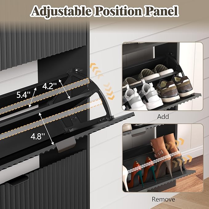 HUANLEGO Shoe Cabinet Storage for Entryway with 2 Flip Drawers, Fluted Narrow Shoe Organizer with Wooden Legs, Freestanding Slim Shoe Storage Hidden Shoe Rack Organizer for Front Door Entrance, Black