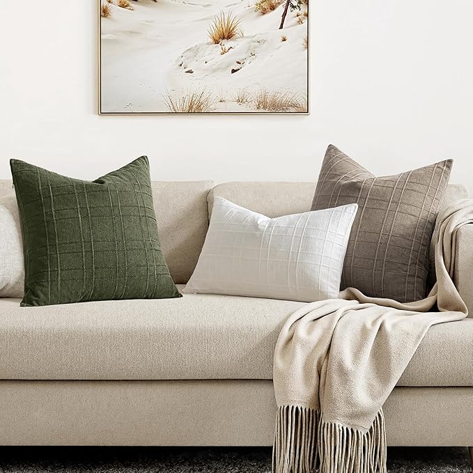 MIULEE Decorative Linen Check Throw Pillow Covers Neutral Farmhouse Vintage Spring Pillow Covers 20x20 Set of 2 Boho Modern Home Decor for Sofa Couch Bedroom Cushion Dark Olive Green