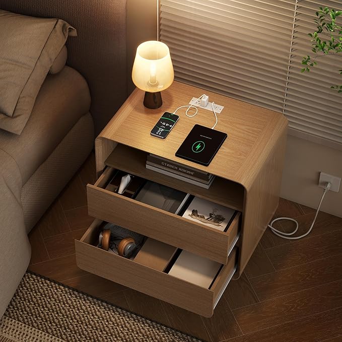 Nasonet Modern Nightstand with Charging Station, Wood End Tables Bedroom Nightstands with Drawers, Wide Curved Bedside Table for Kids Bedroom, Living Room, Oak