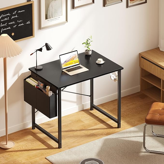 OLIXIS Computer Desk 31 Inch Home Office Desks for Small Spaces, Gaming Writing Study Work Table with Storage Bag and Headphone Hook for Bedroom, Black